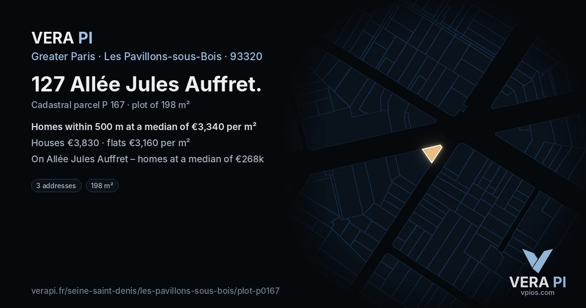 127 Allée Jules Auffret, Les Pavillons-sous-Bois at night – the plot lit, the parcels around coloured by the prices near them