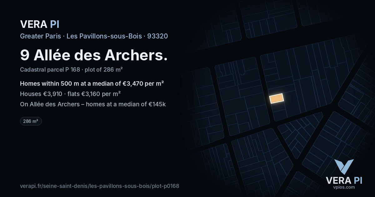 9 Allée des Archers, Les Pavillons-sous-Bois at night – the plot lit, the parcels around coloured by the prices near them