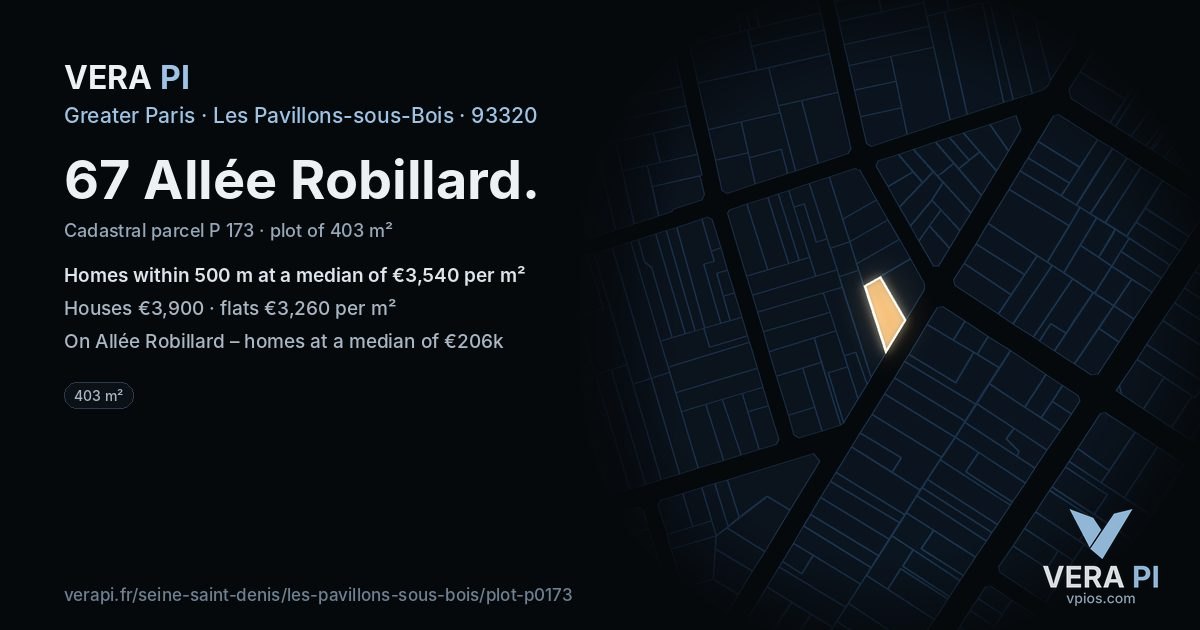 67 Allée Robillard, Les Pavillons-sous-Bois at night – the plot lit, the parcels around coloured by the prices near them