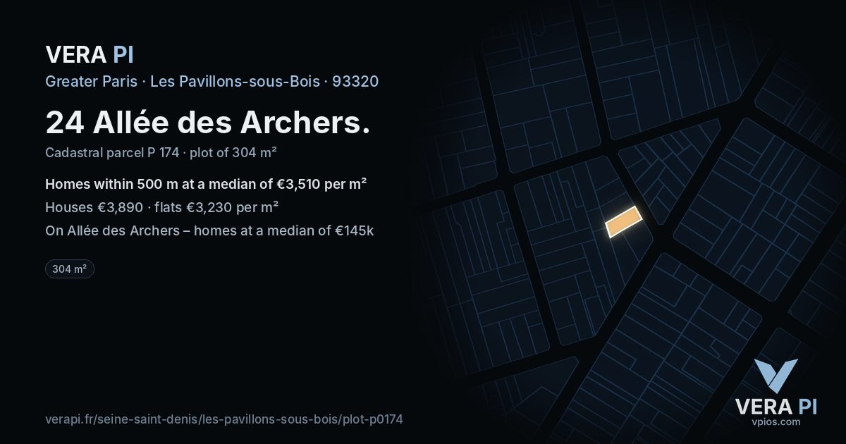 24 Allée des Archers, Les Pavillons-sous-Bois at night – the plot lit, the parcels around coloured by the prices near them