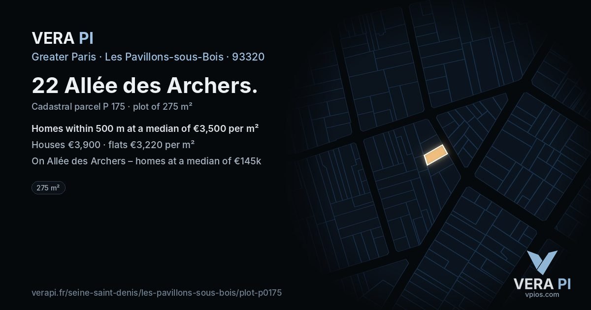 22 Allée des Archers, Les Pavillons-sous-Bois at night – the plot lit, the parcels around coloured by the prices near them