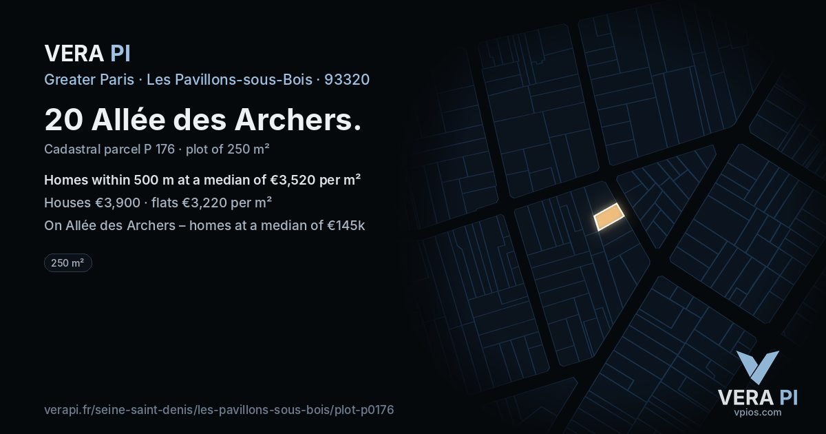 20 Allée des Archers, Les Pavillons-sous-Bois at night – the plot lit, the parcels around coloured by the prices near them