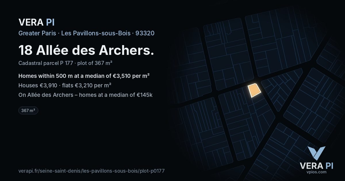 18 Allée des Archers, Les Pavillons-sous-Bois at night – the plot lit, the parcels around coloured by the prices near them