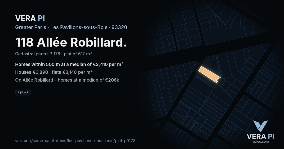 118 Allée Robillard, Les Pavillons-sous-Bois at night – the plot lit, the parcels around coloured by the prices near them