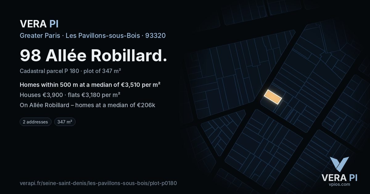 98 Allée Robillard, Les Pavillons-sous-Bois at night – the plot lit, the parcels around coloured by the prices near them
