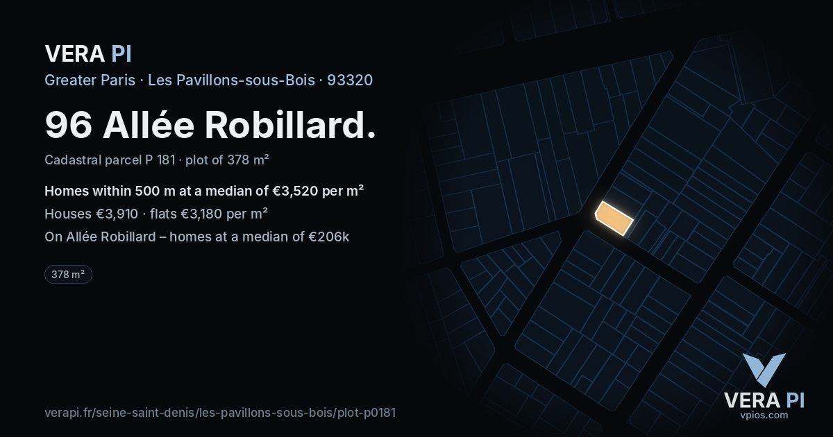 96 Allée Robillard, Les Pavillons-sous-Bois at night – the plot lit, the parcels around coloured by the prices near them