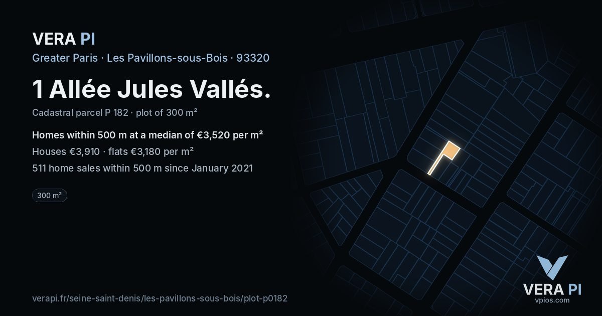 1 Allée Jules Vallés, Les Pavillons-sous-Bois at night – the plot lit, the parcels around coloured by the prices near them