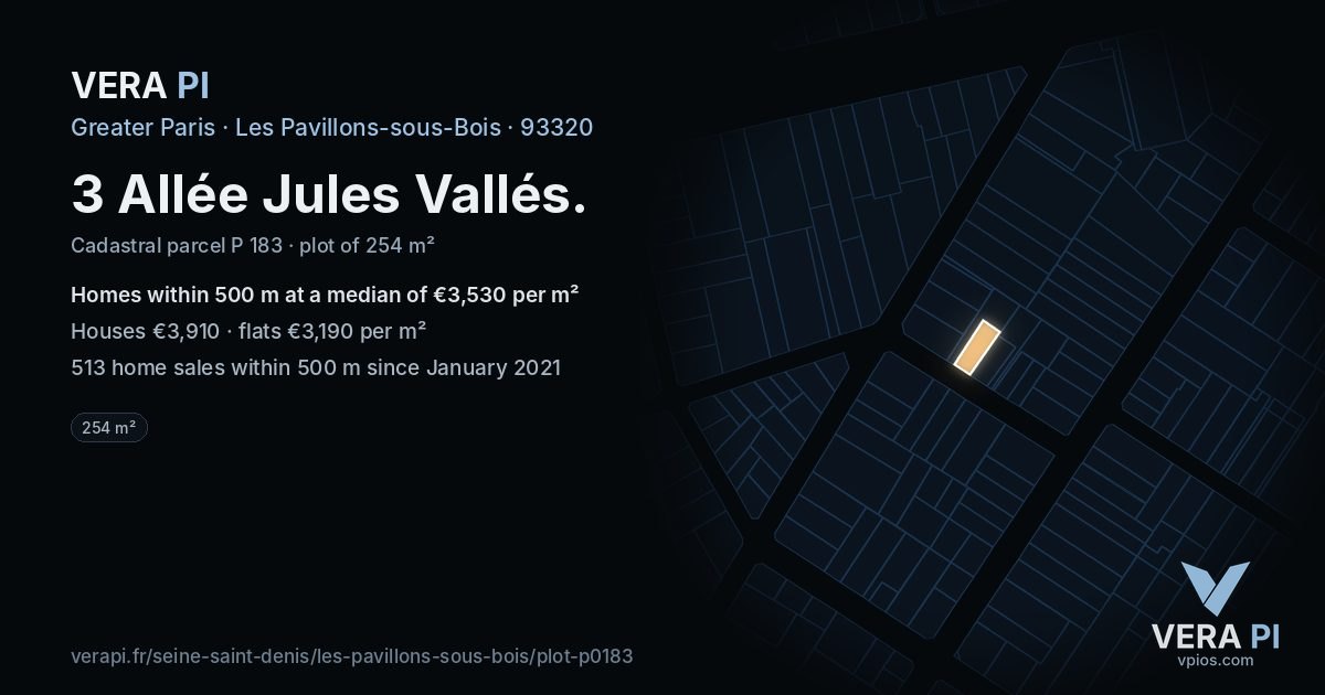 3 Allée Jules Vallés, Les Pavillons-sous-Bois at night – the plot lit, the parcels around coloured by the prices near them