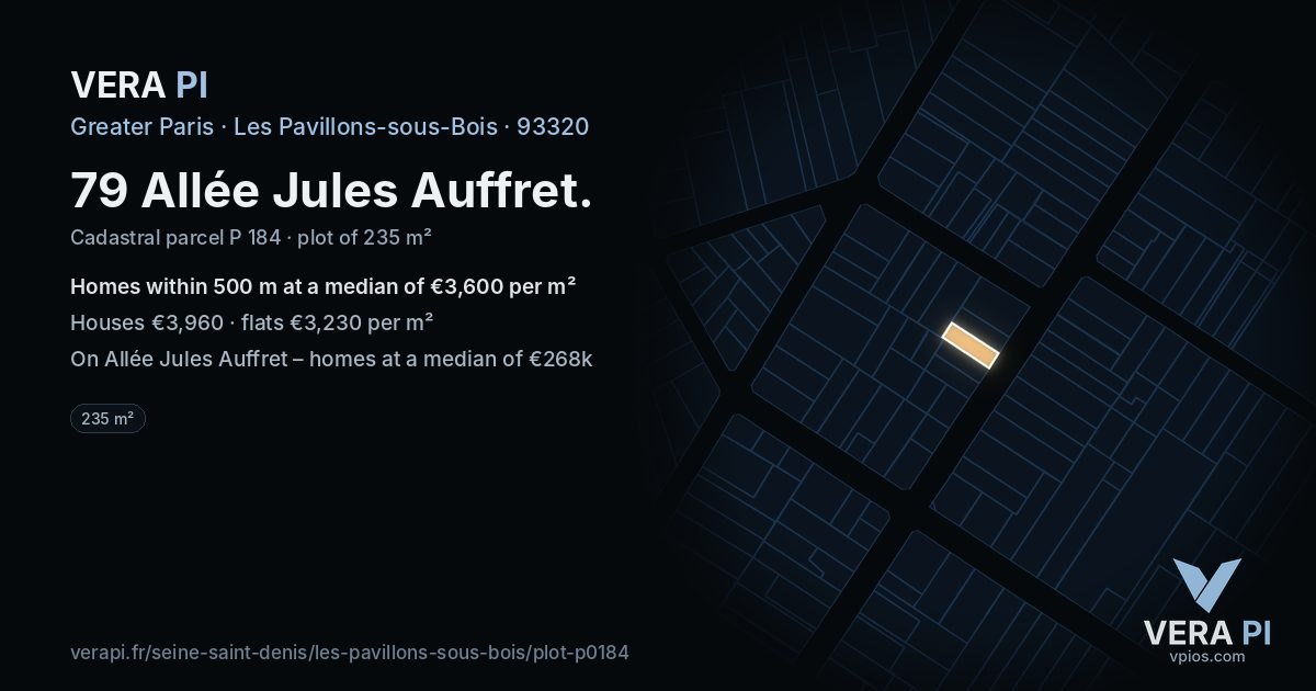 79 Allée Jules Auffret, Les Pavillons-sous-Bois at night – the plot lit, the parcels around coloured by the prices near them