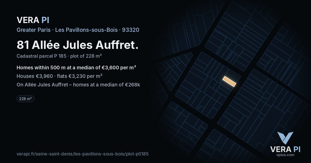 81 Allée Jules Auffret, Les Pavillons-sous-Bois at night – the plot lit, the parcels around coloured by the prices near them