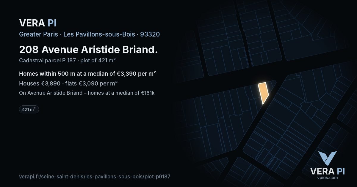 208 Avenue Aristide Briand, Les Pavillons-sous-Bois at night – the plot lit, the parcels around coloured by the prices near them