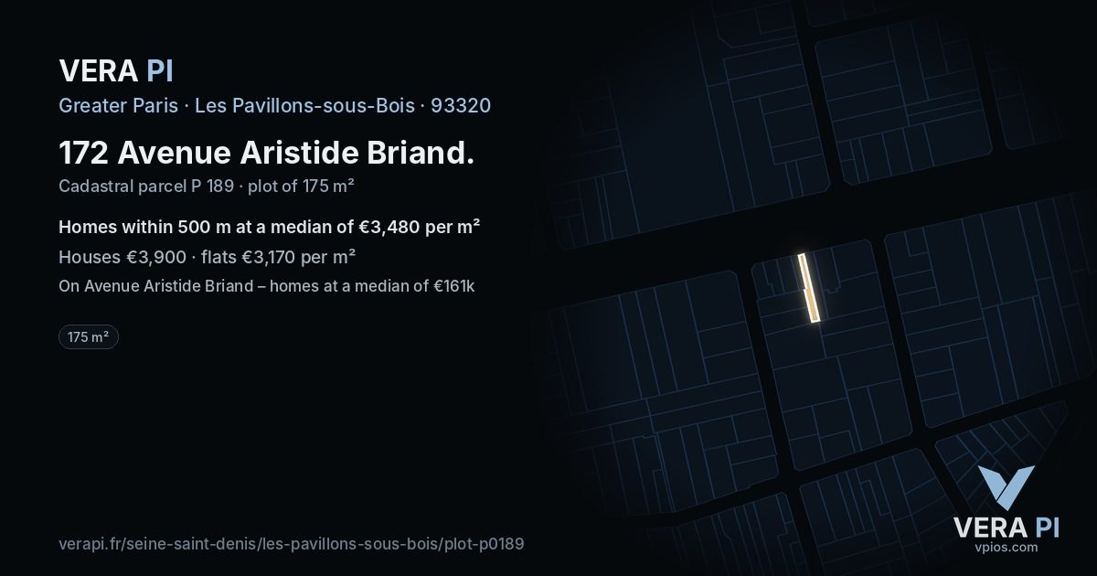 172 Avenue Aristide Briand, Les Pavillons-sous-Bois at night – the plot lit, the parcels around coloured by the prices near them