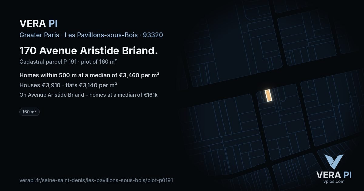 170 Avenue Aristide Briand, Les Pavillons-sous-Bois at night – the plot lit, the parcels around coloured by the prices near them