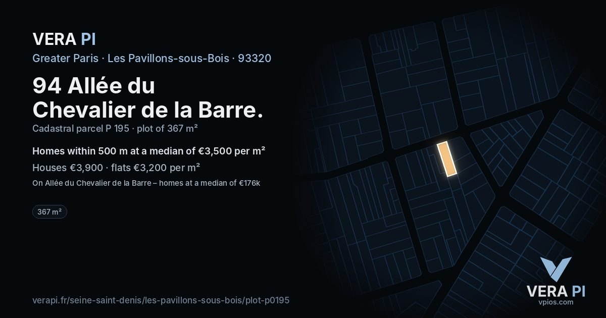 94 Allée du Chevalier de la Barre, Les Pavillons-sous-Bois at night – the plot lit, the parcels around coloured by the prices near them