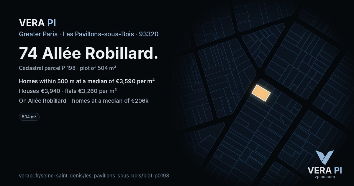 74 Allée Robillard, Les Pavillons-sous-Bois at night – the plot lit, the parcels around coloured by the prices near them