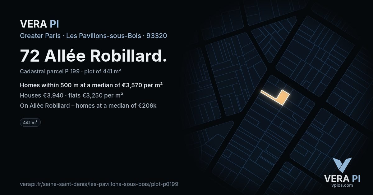 72 Allée Robillard, Les Pavillons-sous-Bois at night – the plot lit, the parcels around coloured by the prices near them