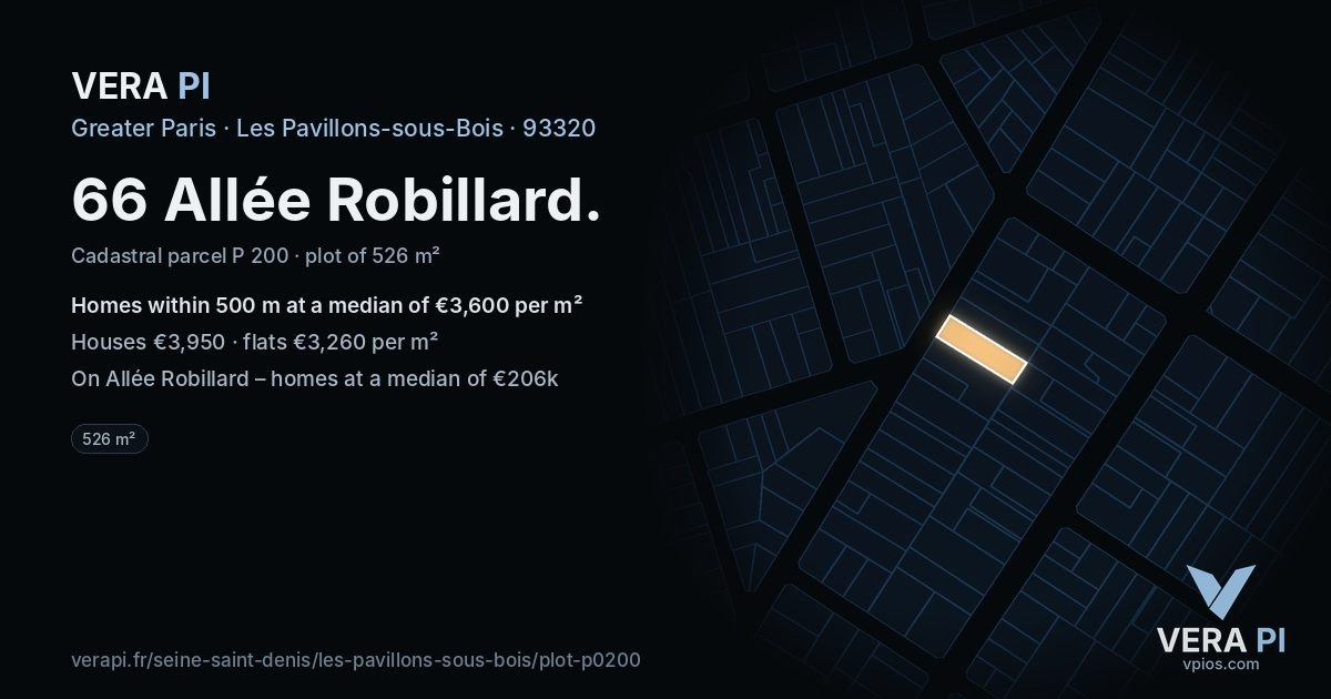 66 Allée Robillard, Les Pavillons-sous-Bois at night – the plot lit, the parcels around coloured by the prices near them