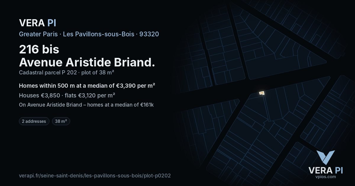 216 bis Avenue Aristide Briand, Les Pavillons-sous-Bois at night – the plot lit, the parcels around coloured by the prices near them