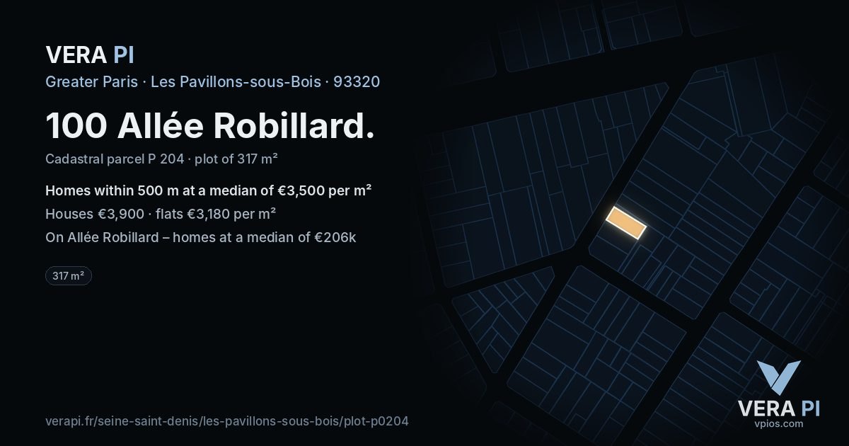 100 Allée Robillard, Les Pavillons-sous-Bois at night – the plot lit, the parcels around coloured by the prices near them