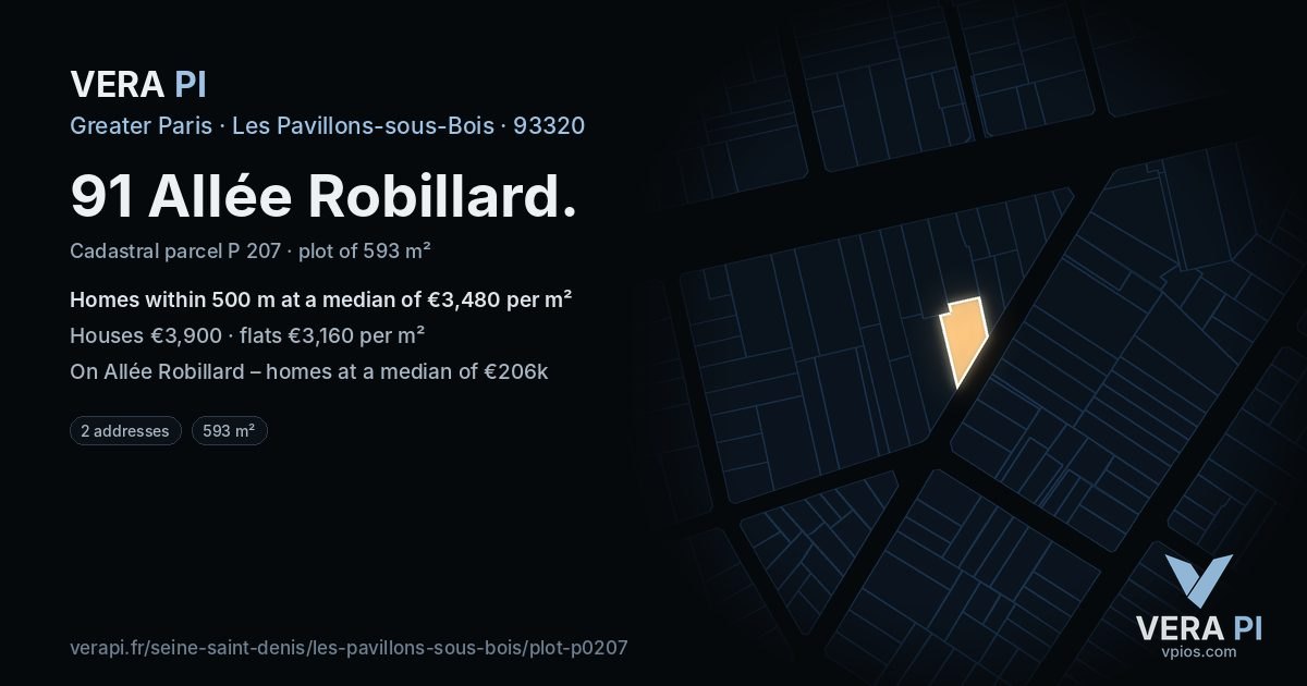 91 Allée Robillard, Les Pavillons-sous-Bois at night – the plot lit, the parcels around coloured by the prices near them