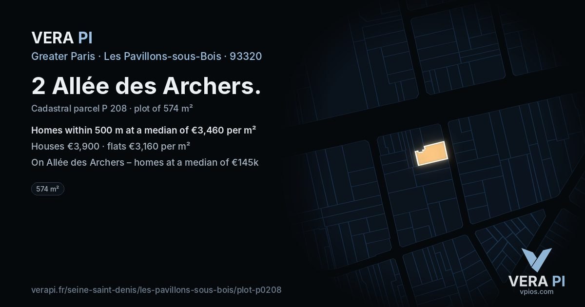 2 Allée des Archers, Les Pavillons-sous-Bois at night – the plot lit, the parcels around coloured by the prices near them