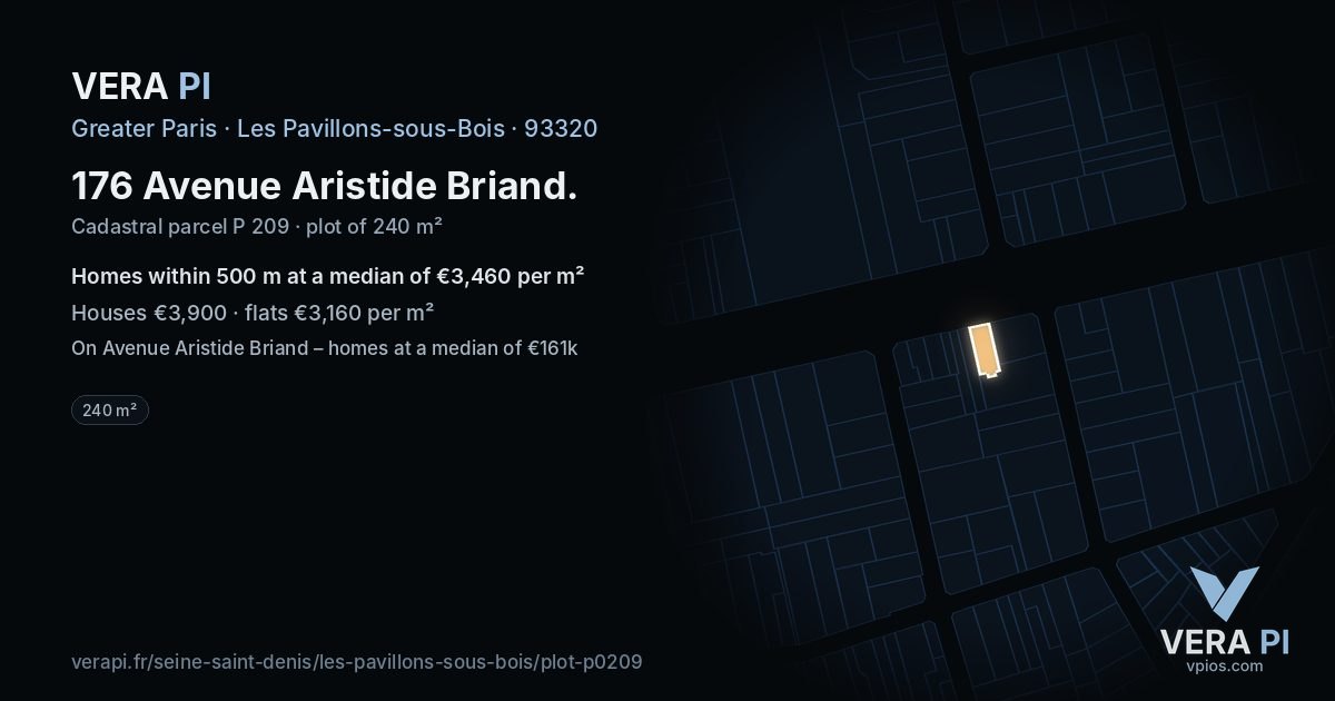 176 Avenue Aristide Briand, Les Pavillons-sous-Bois at night – the plot lit, the parcels around coloured by the prices near them