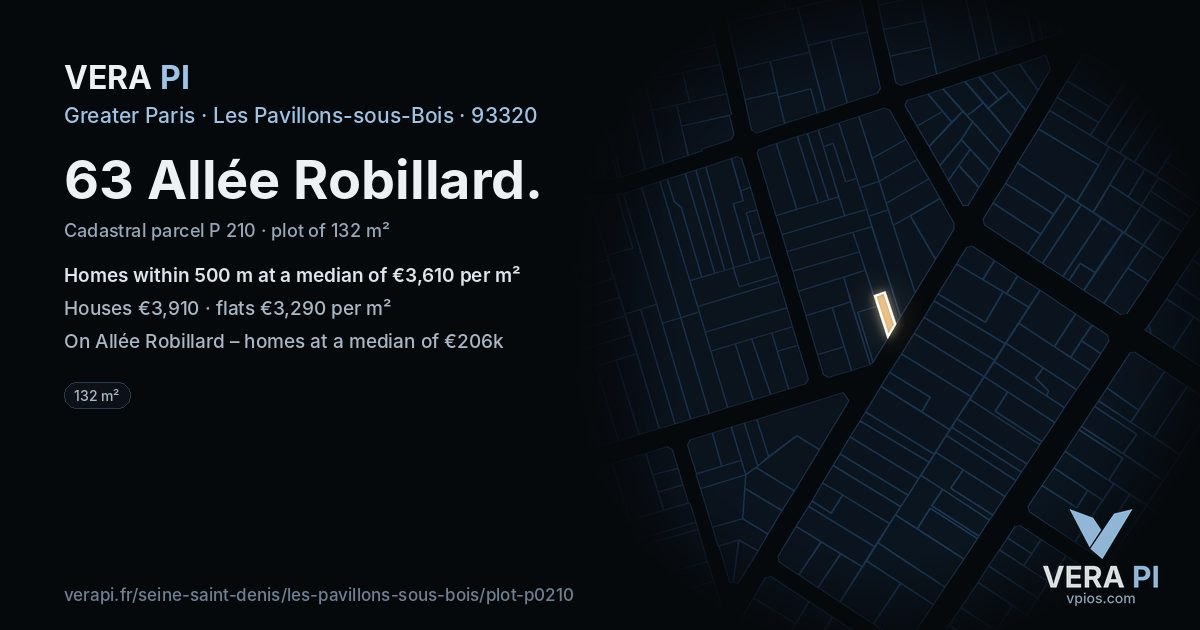 63 Allée Robillard, Les Pavillons-sous-Bois at night – the plot lit, the parcels around coloured by the prices near them