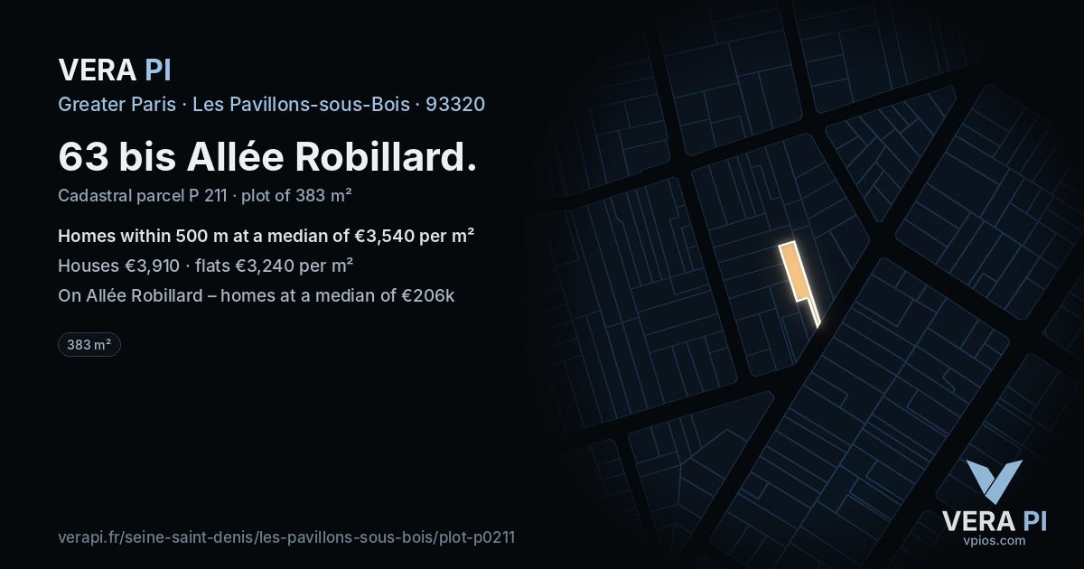 63 bis Allée Robillard, Les Pavillons-sous-Bois at night – the plot lit, the parcels around coloured by the prices near them