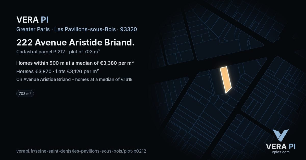 222 Avenue Aristide Briand, Les Pavillons-sous-Bois at night – the plot lit, the parcels around coloured by the prices near them