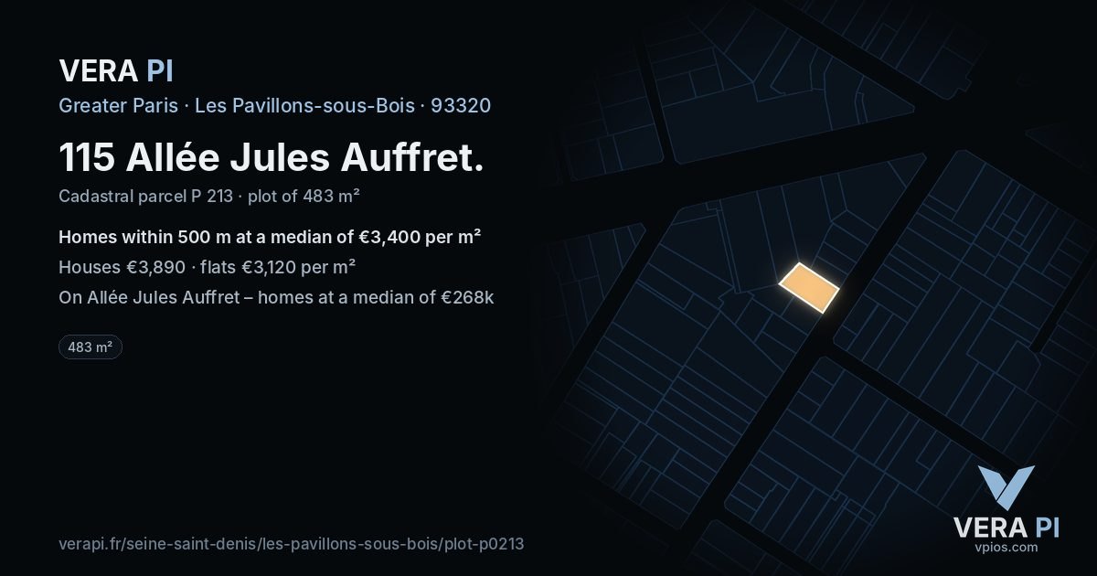 115 Allée Jules Auffret, Les Pavillons-sous-Bois at night – the plot lit, the parcels around coloured by the prices near them