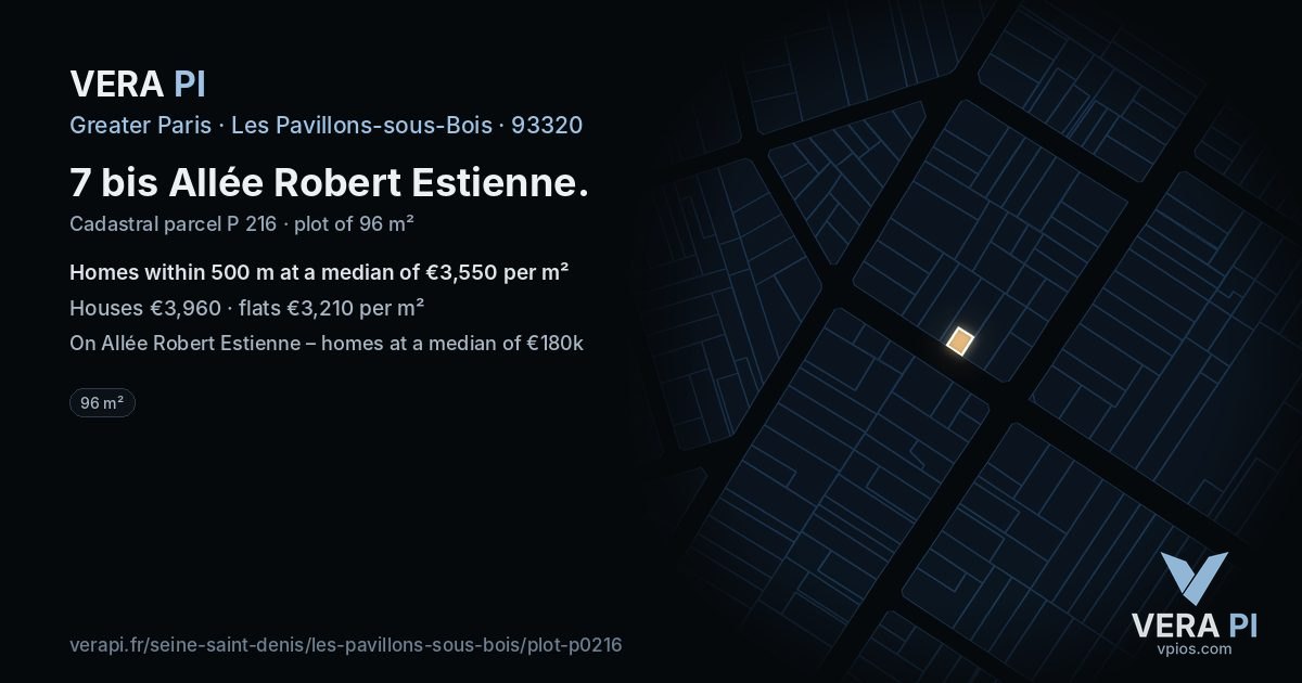7 bis Allée Robert Estienne, Les Pavillons-sous-Bois at night – the plot lit, the parcels around coloured by the prices near them