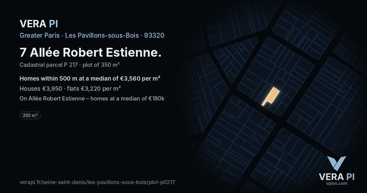 7 Allée Robert Estienne, Les Pavillons-sous-Bois at night – the plot lit, the parcels around coloured by the prices near them