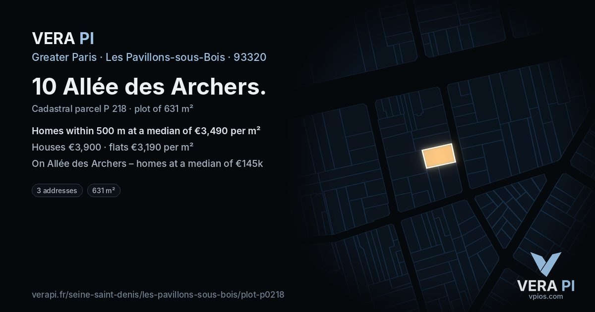 10 Allée des Archers, Les Pavillons-sous-Bois at night – the plot lit, the parcels around coloured by the prices near them