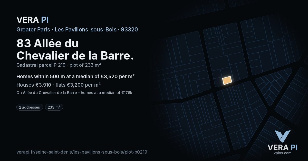 83 Allée du Chevalier de la Barre, Les Pavillons-sous-Bois at night – the plot lit, the parcels around coloured by the prices near them
