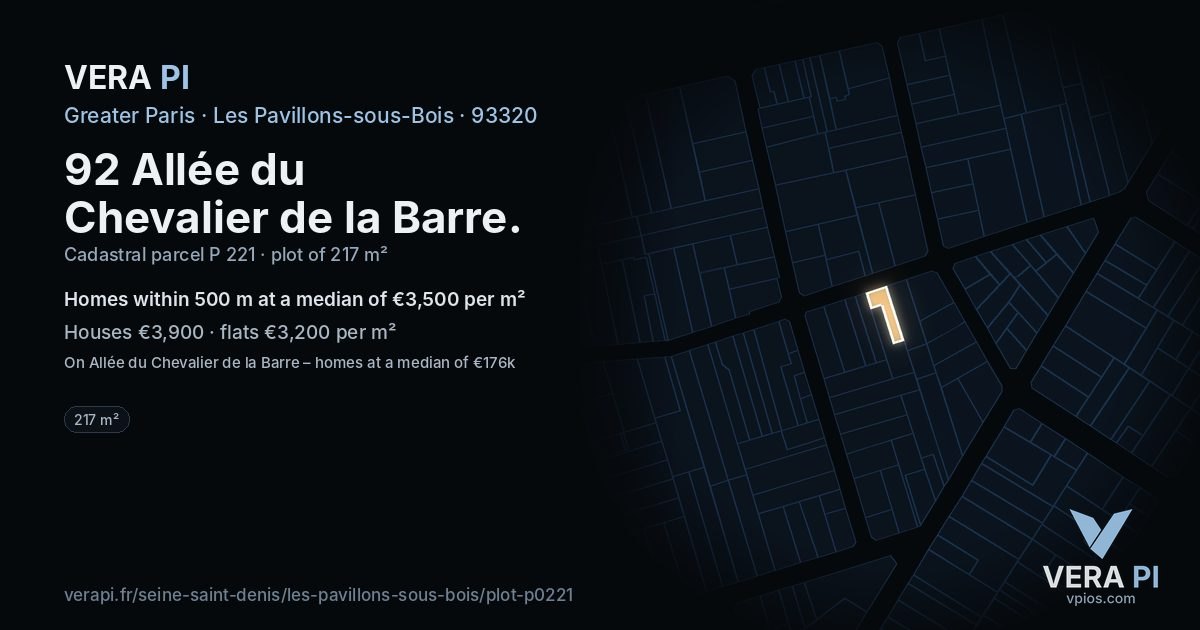 92 Allée du Chevalier de la Barre, Les Pavillons-sous-Bois at night – the plot lit, the parcels around coloured by the prices near them