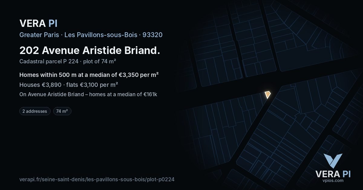 202 Avenue Aristide Briand, Les Pavillons-sous-Bois at night – the plot lit, the parcels around coloured by the prices near them
