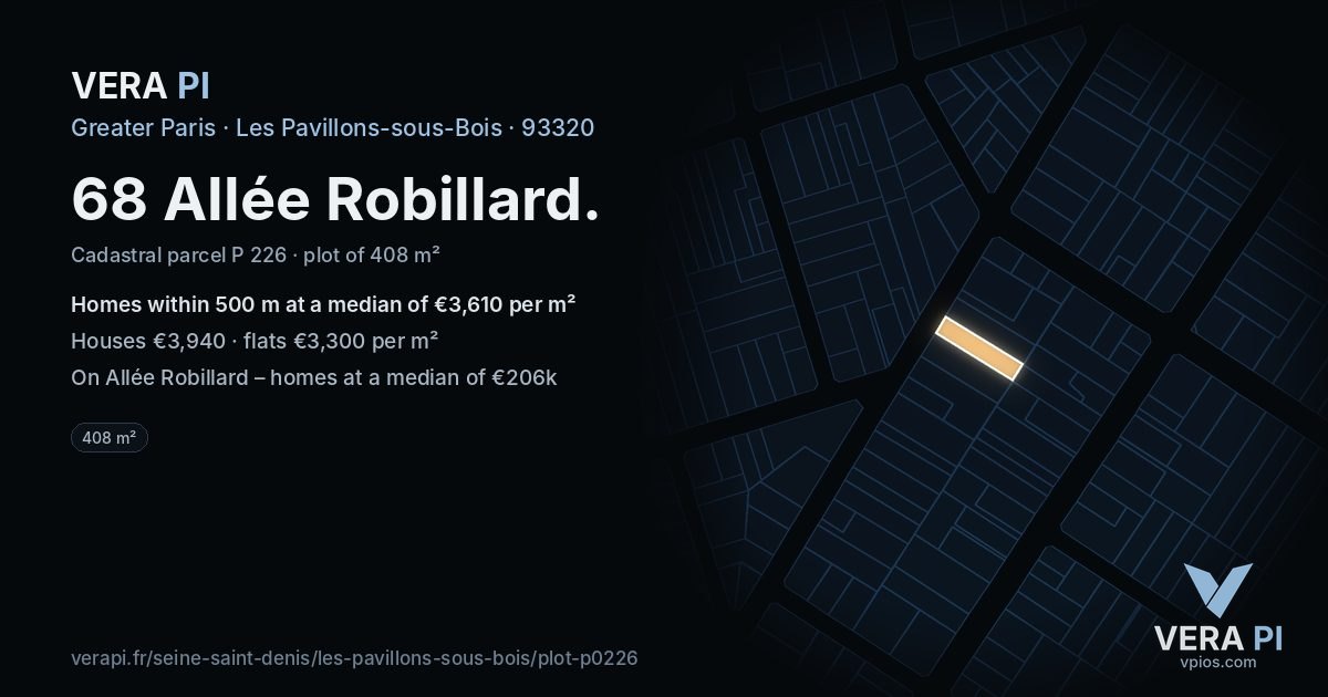 68 Allée Robillard, Les Pavillons-sous-Bois at night – the plot lit, the parcels around coloured by the prices near them