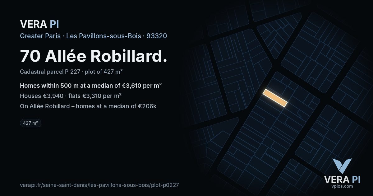 70 Allée Robillard, Les Pavillons-sous-Bois at night – the plot lit, the parcels around coloured by the prices near them