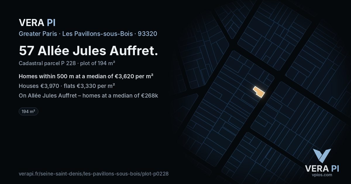 57 Allée Jules Auffret, Les Pavillons-sous-Bois at night – the plot lit, the parcels around coloured by the prices near them