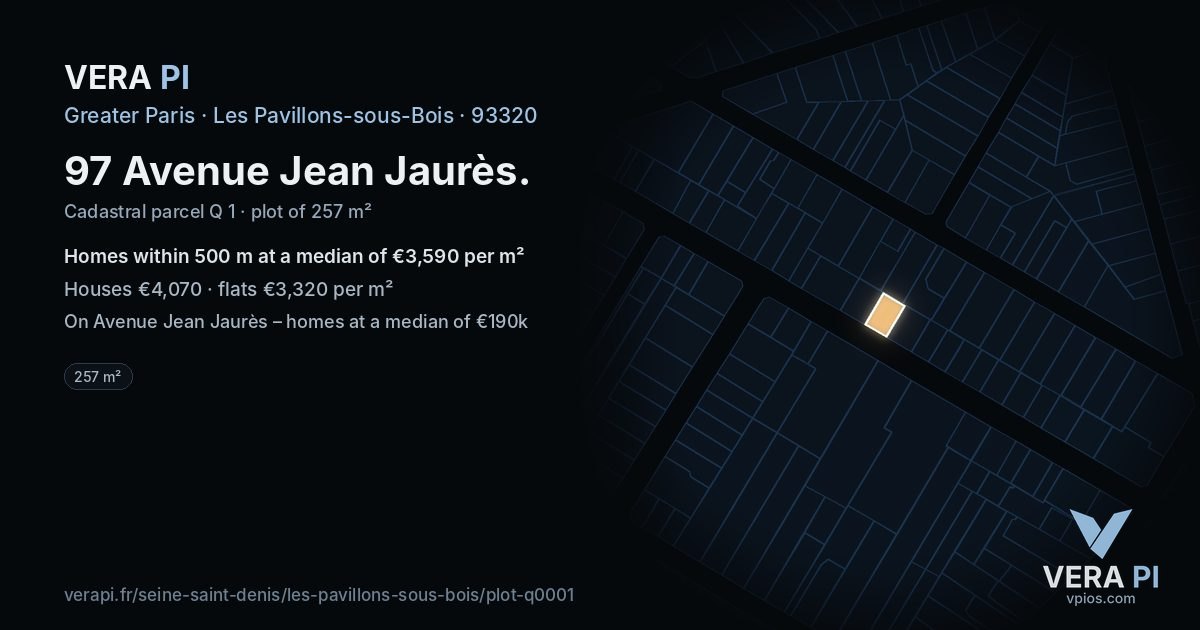 97 Avenue Jean Jaurès, Les Pavillons-sous-Bois at night – the plot lit, the parcels around coloured by the prices near them
