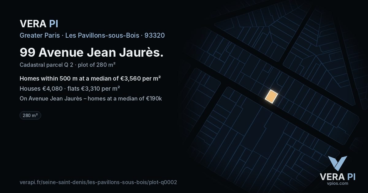 99 Avenue Jean Jaurès, Les Pavillons-sous-Bois at night – the plot lit, the parcels around coloured by the prices near them