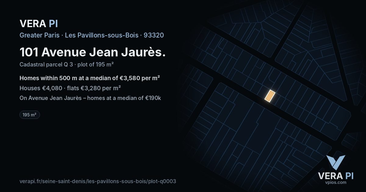 101 Avenue Jean Jaurès, Les Pavillons-sous-Bois at night – the plot lit, the parcels around coloured by the prices near them