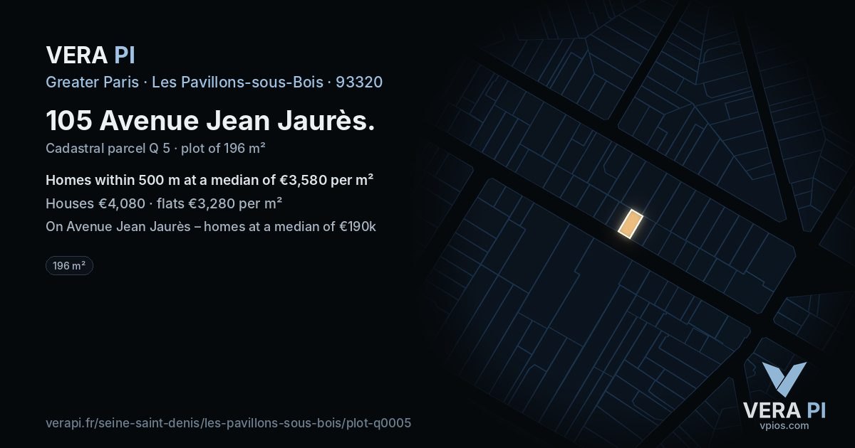 105 Avenue Jean Jaurès, Les Pavillons-sous-Bois at night – the plot lit, the parcels around coloured by the prices near them