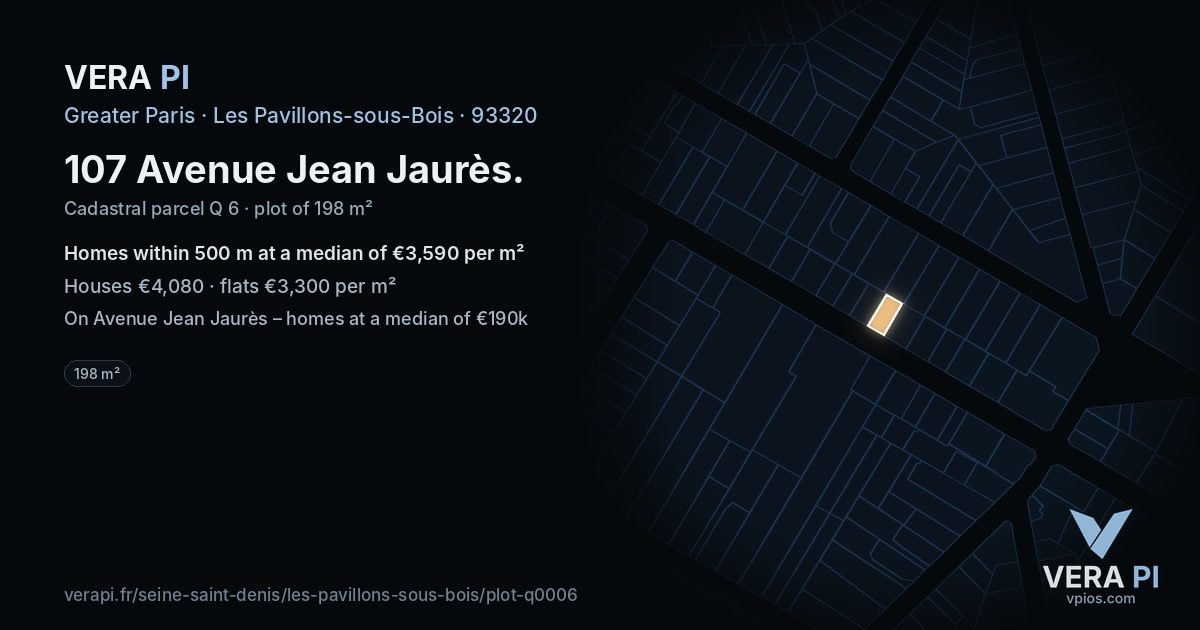 107 Avenue Jean Jaurès, Les Pavillons-sous-Bois at night – the plot lit, the parcels around coloured by the prices near them