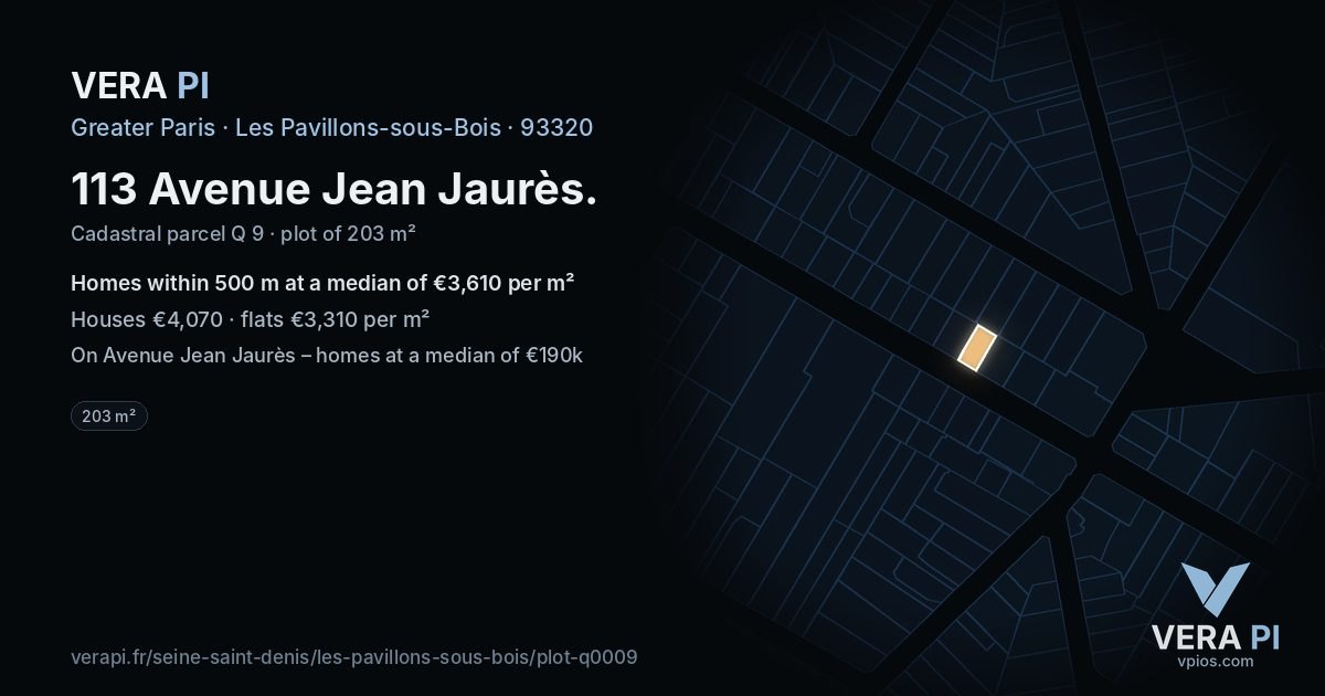 113 Avenue Jean Jaurès, Les Pavillons-sous-Bois at night – the plot lit, the parcels around coloured by the prices near them