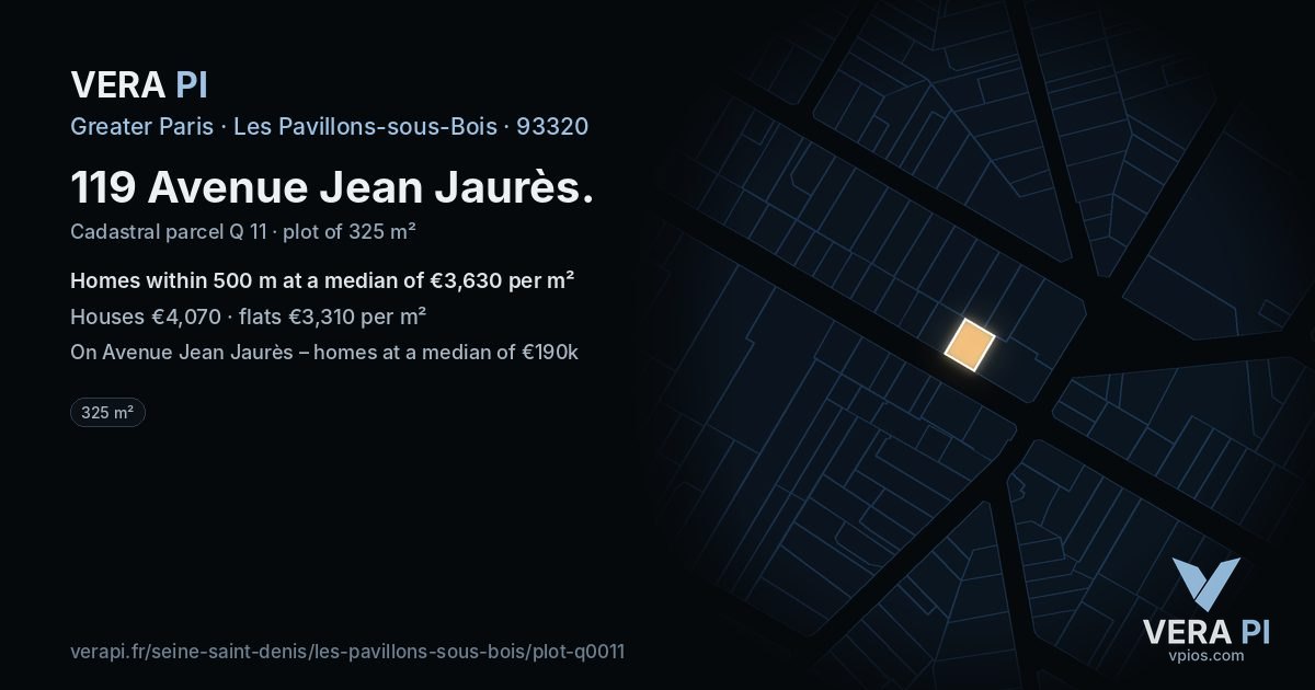 119 Avenue Jean Jaurès, Les Pavillons-sous-Bois at night – the plot lit, the parcels around coloured by the prices near them