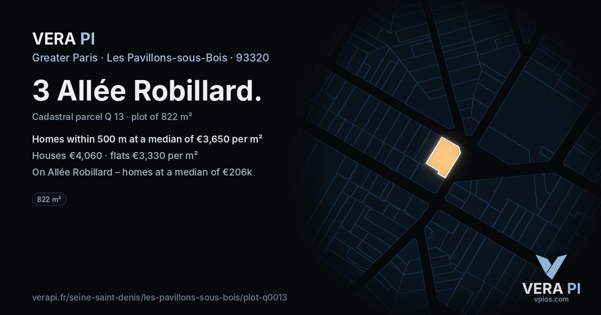 3 Allée Robillard, Les Pavillons-sous-Bois at night – the plot lit, the parcels around coloured by the prices near them