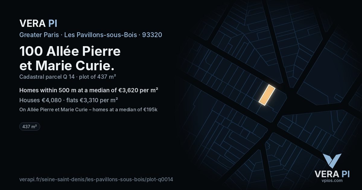 100 Allée Pierre et Marie Curie, Les Pavillons-sous-Bois at night – the plot lit, the parcels around coloured by the prices near them