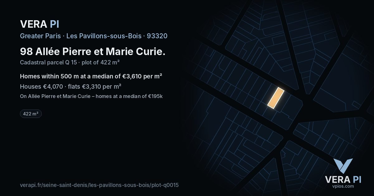 98 Allée Pierre et Marie Curie, Les Pavillons-sous-Bois at night – the plot lit, the parcels around coloured by the prices near them
