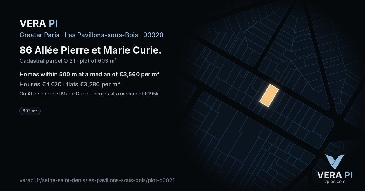 86 Allée Pierre et Marie Curie, Les Pavillons-sous-Bois at night – the plot lit, the parcels around coloured by the prices near them